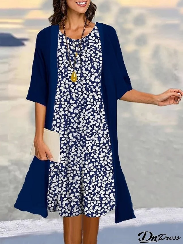 Women's Two Piece Dress Set Casual Dress Print Dress Outdoor Daily Fashion Elegant Print Midi Dress Crew Neck 3/4