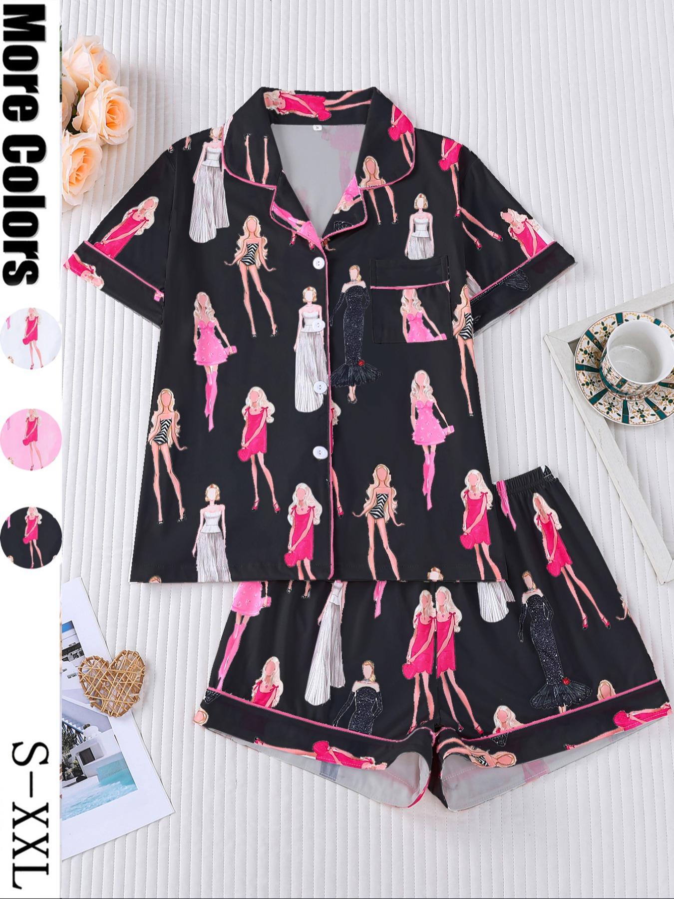 The Eras Tour Film Pajama Women's Sleepwear Set, Short Sleeve Button Front Soft Top & Elastic Shorts, Casual Home Wear, Loungewear, Comfortable Daily, Everyday, Pjs