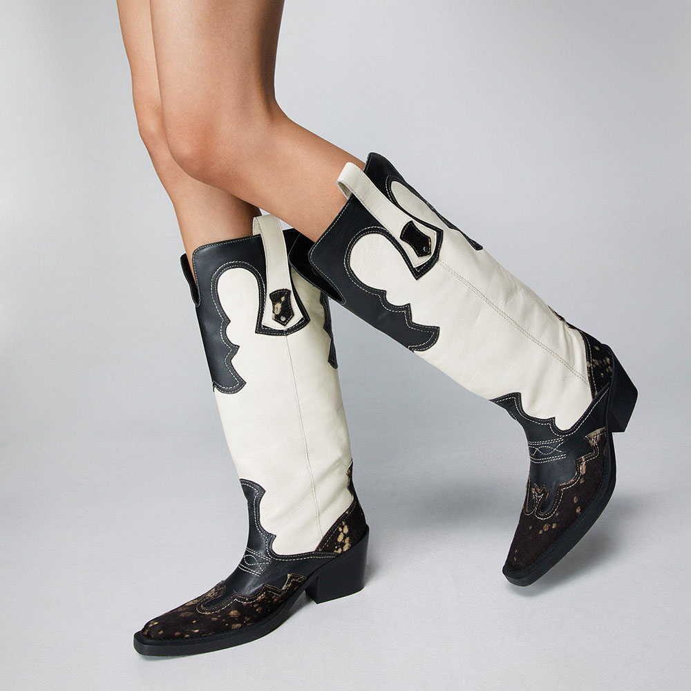 Black & White Square Toe Chunky Heel Wide Calf Cowboy Boots Nicepairs