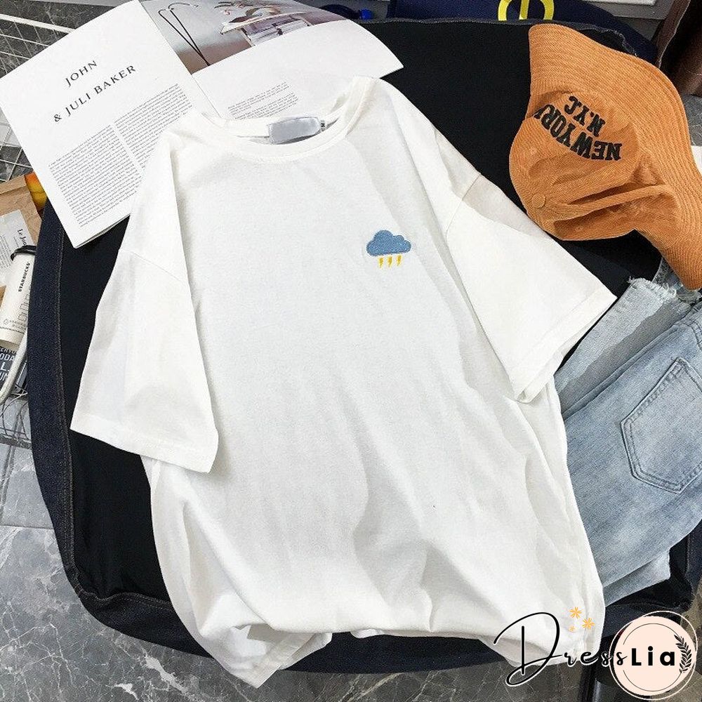 Fashion Women Embroidered T Shirts Crew Neck Short Sleeve Couple Tops Summer Casual Loose Sweatshirt Basic Tee Top Clothing