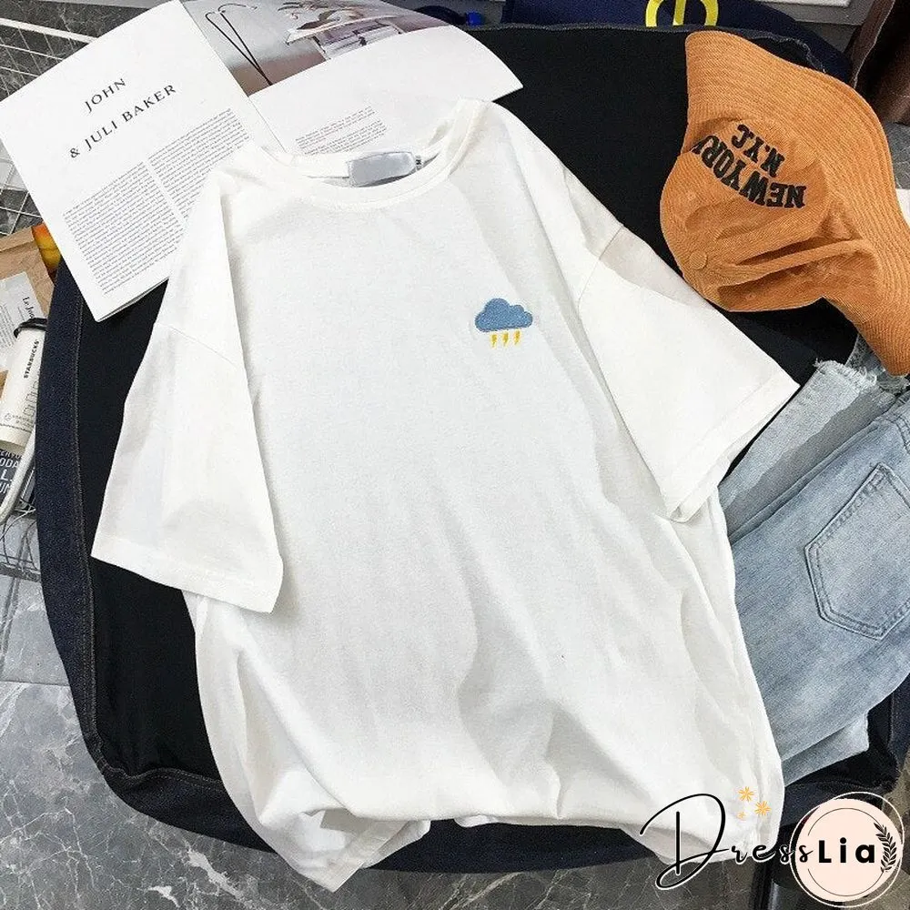 Fashion Women Embroidered T Shirts Crew Neck Short Sleeve Couple Tops Summer Casual Loose Sweatshirt Basic Tee Top Clothing