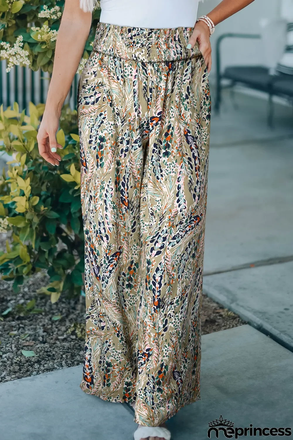 Multicolor Floral Print Shirred High Waist Wide Leg Casual Pants