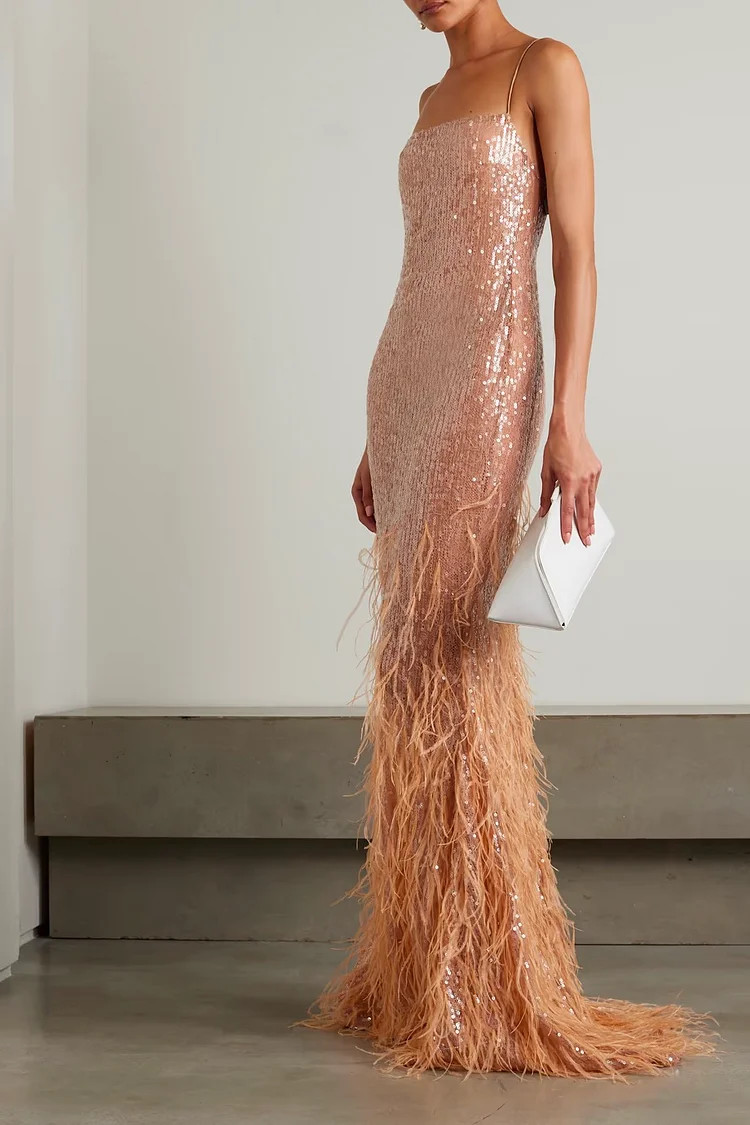 Feather-trimmed sequined lace gown