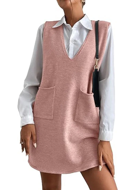Simple Pink V Neck Pockets Knit Vest Dress Sleeveless