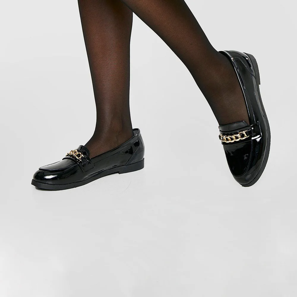Black Patent Leather Loafers Lug Sole With Chain Decor Flats Nicepairs