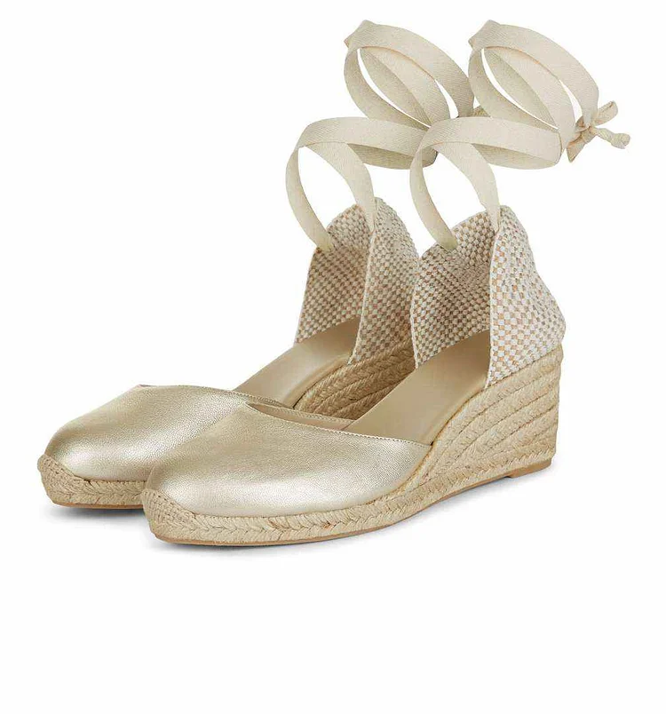 Champagne Strappy Wedge Heels Platform Espadrille Sandals |FSJ Shoes