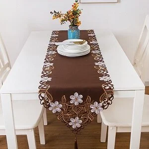 New 40*175CM Brown Pastoral Embroidered White Floral Tassel Tablecloth Table Runner Home Party Wedding Dinner Table Decor Cloth