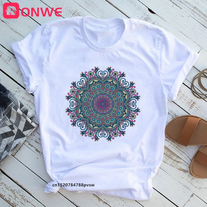 Mandala Flowers Stripes Thermo Funny Women T-shirt Girl  Summer 90S Print Tops Tee,Drop Ship