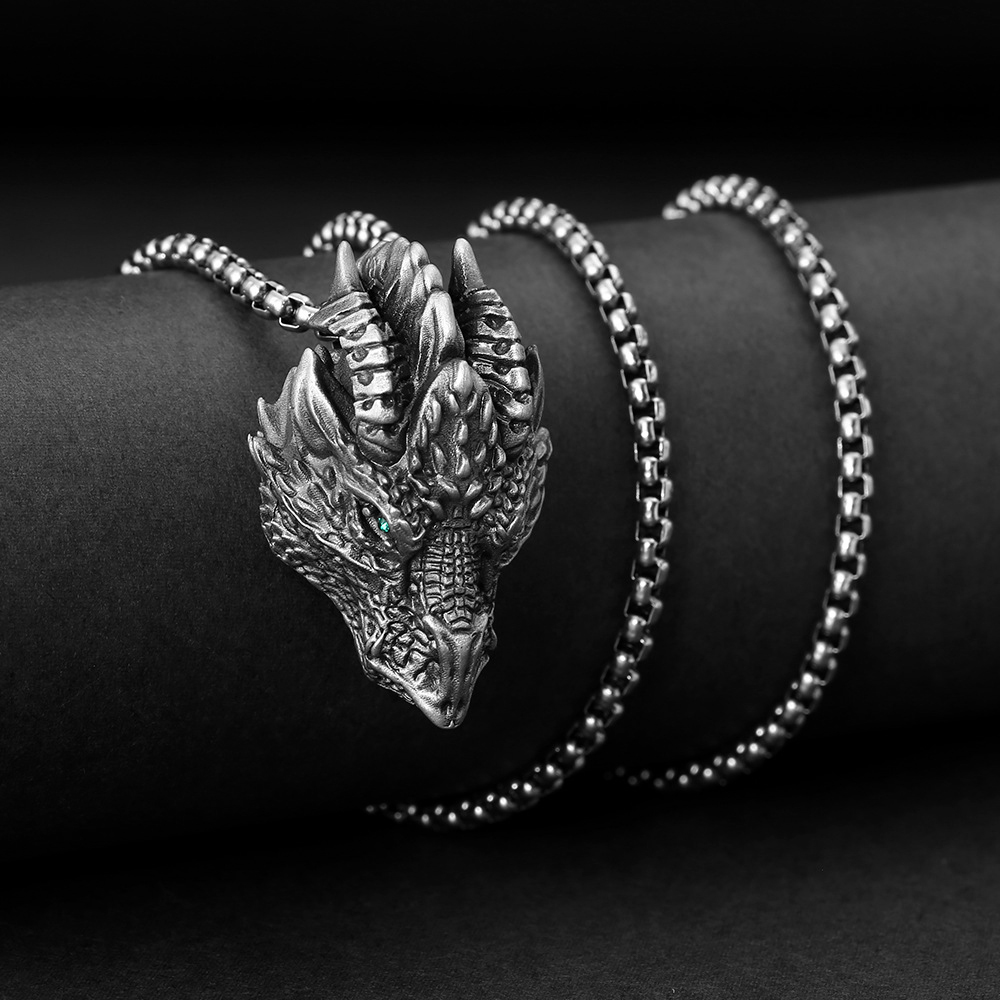 Pure Tin Silver Dragon Vintage - style Men's Necklace Pendant