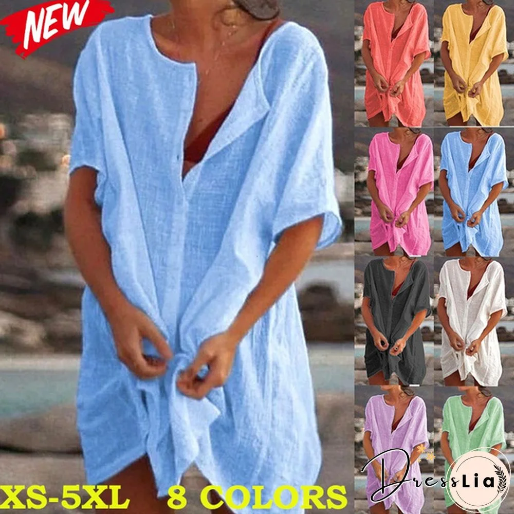 Fashion Summer Clothes Women's Casual Short Sleeve Dresses Beach Wear Robe Femme Swimwear Cover-up Linen Dress Loose Blouses Long T-shirt Deep V-neck Solid Color Swimsuit Cover-ups Dress Mini Party Dress
