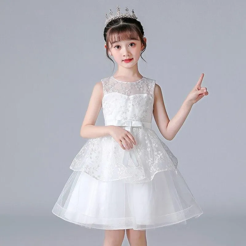 Summer Lace Embroidery Kids Dress For Girls Evening Wedding Party Tail Elegant Princess Sleeveless Children Holiday Dresses