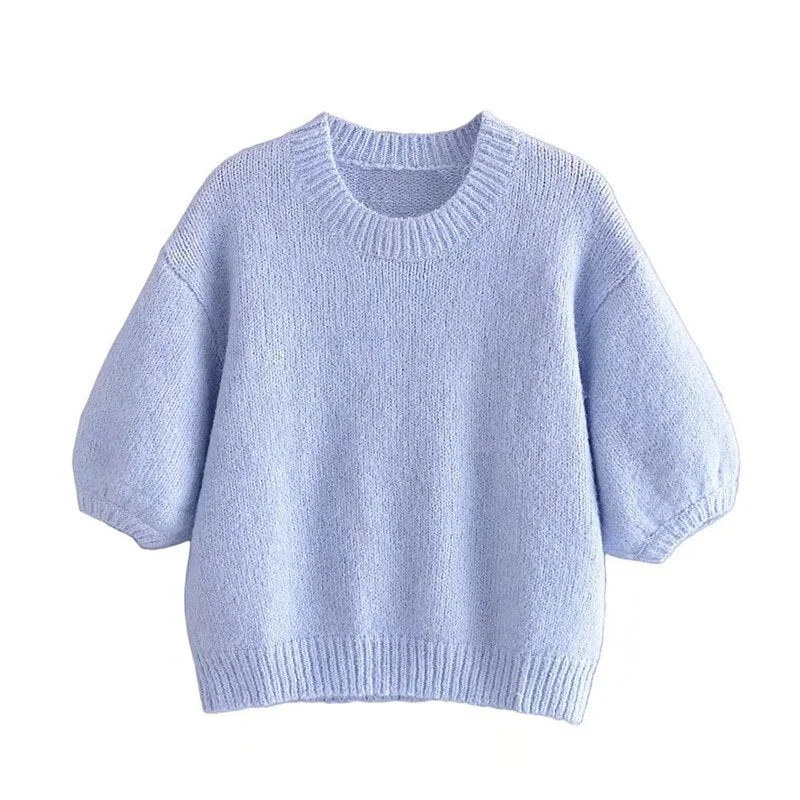 ZA 2021 Winter Blue Knit Sweater Women Short Puff Sleeve Soft Pullover Feminine Elegant Loose Knitted Tops Streetwear Sweaters