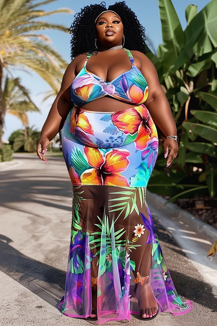 Xpluswear Design Plus Size Beach Multicolor Tropical Print V Neck See Through Swimsuit Fabric Two Pieces Skirt Set [Pre-Order]