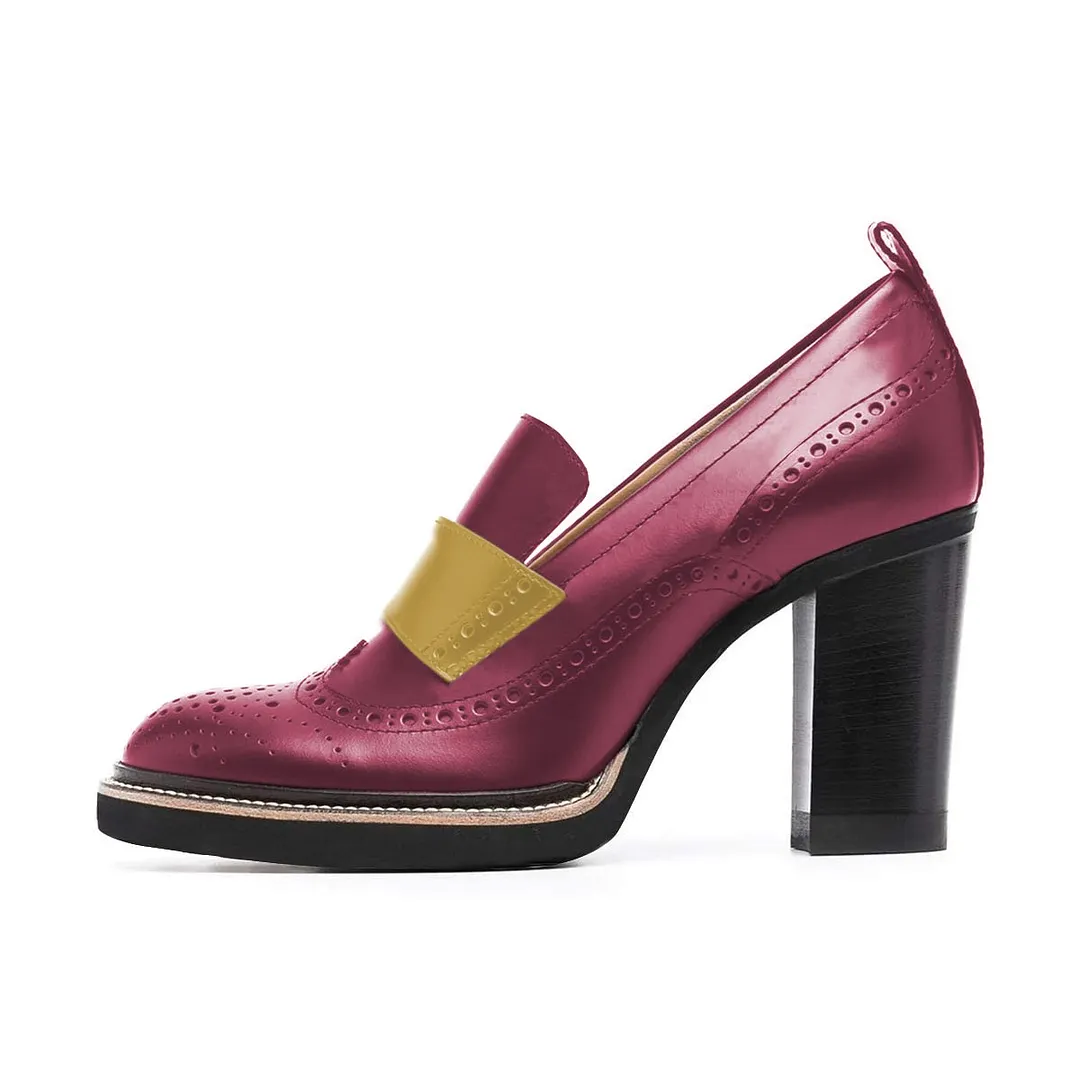 Magenta & Yellow Perforated Detail Loafer Heels with Round Toe