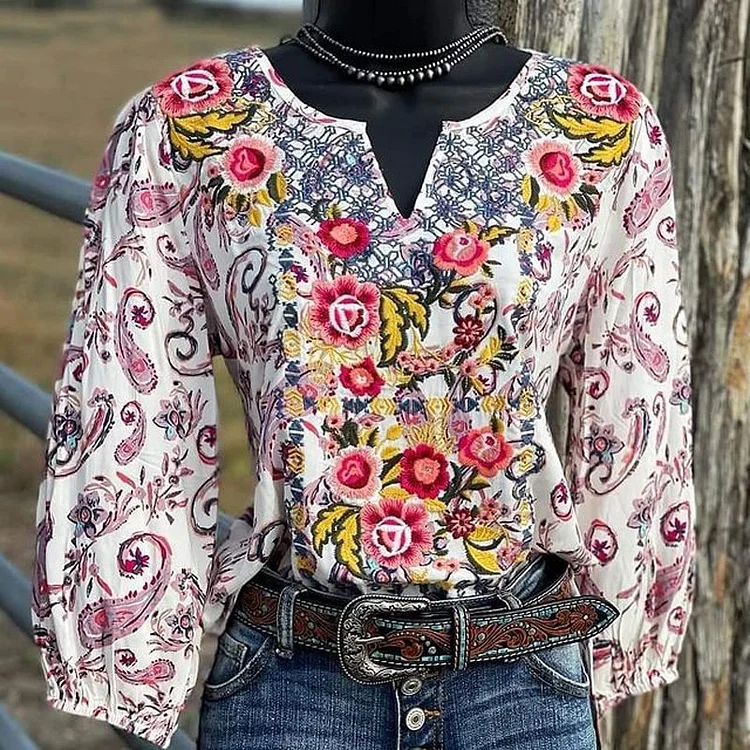 Paisley flower embroidered western graphic tees