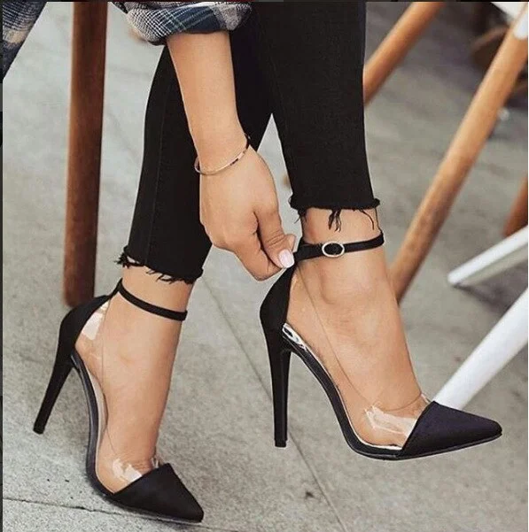 Women's High-heeled Shoes New Toe Monochrome Belt Buckle Fashion Single Shoes Pink Black Apricot Size 34 And 43