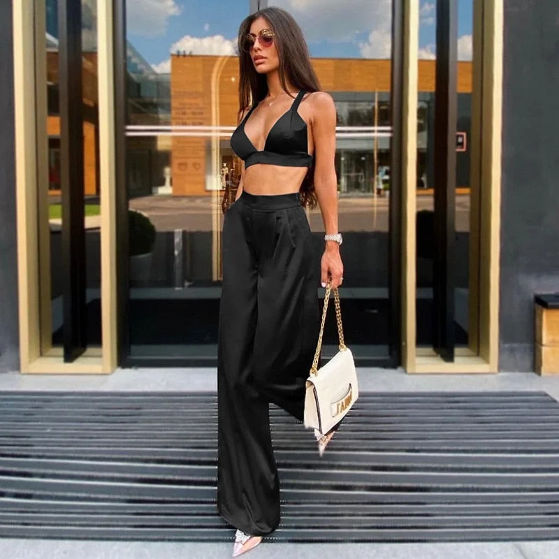 Abebey   Fashion Satin Two Piece Set for Women Bandage Crop Tops High Waist Pants Casual Suits Ladies  Outfits Streetwear