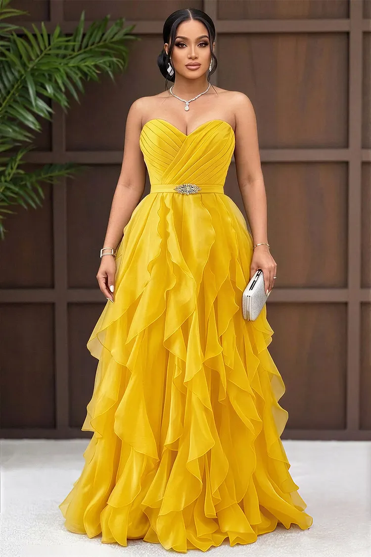 layered ruffle hem dress Strapless Metal Buckle Tiered Ruffle Hem Maxi Dresses-Yellow [Pre Order]