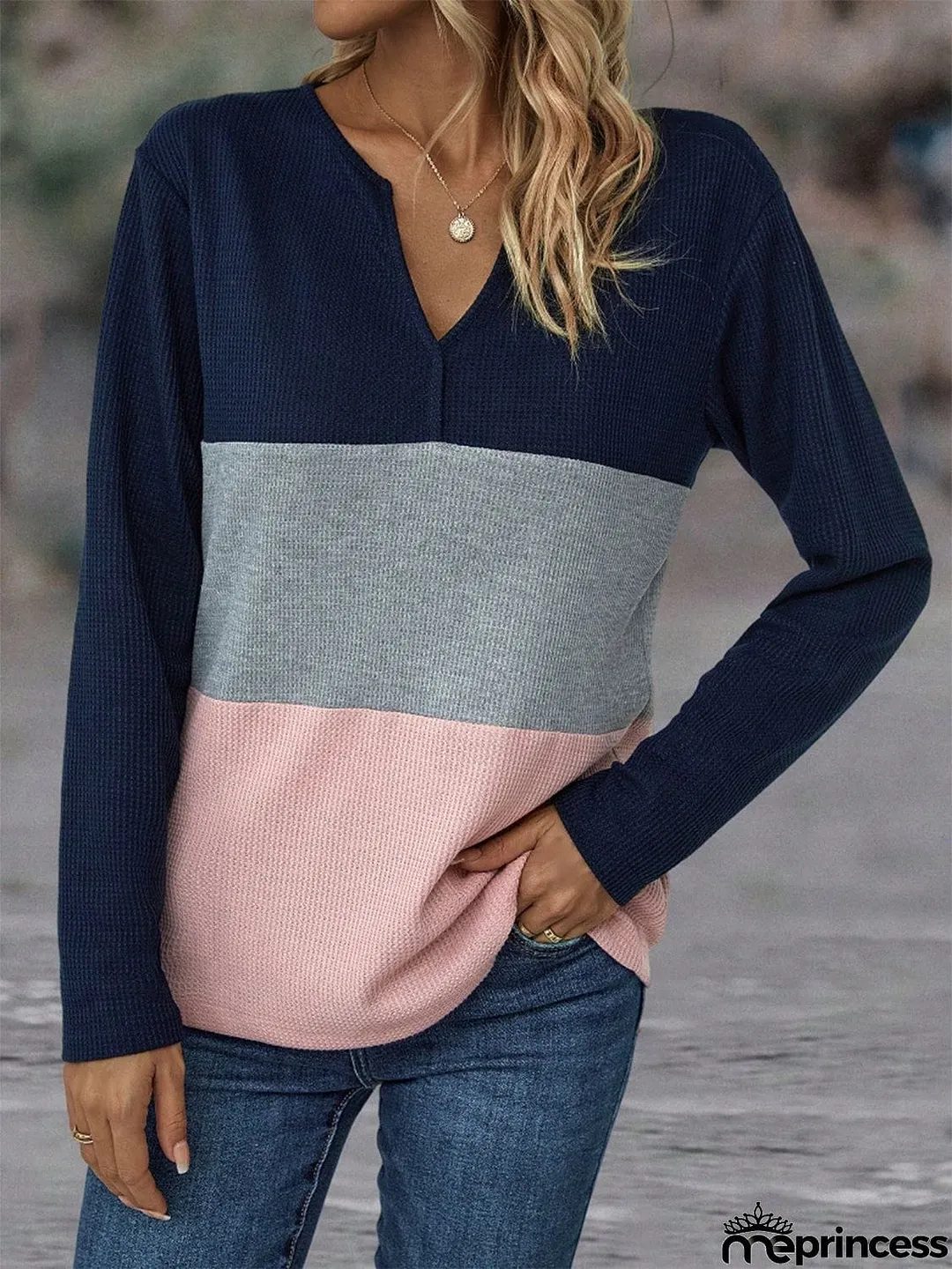 Color Block Notched Neck T-Shirt