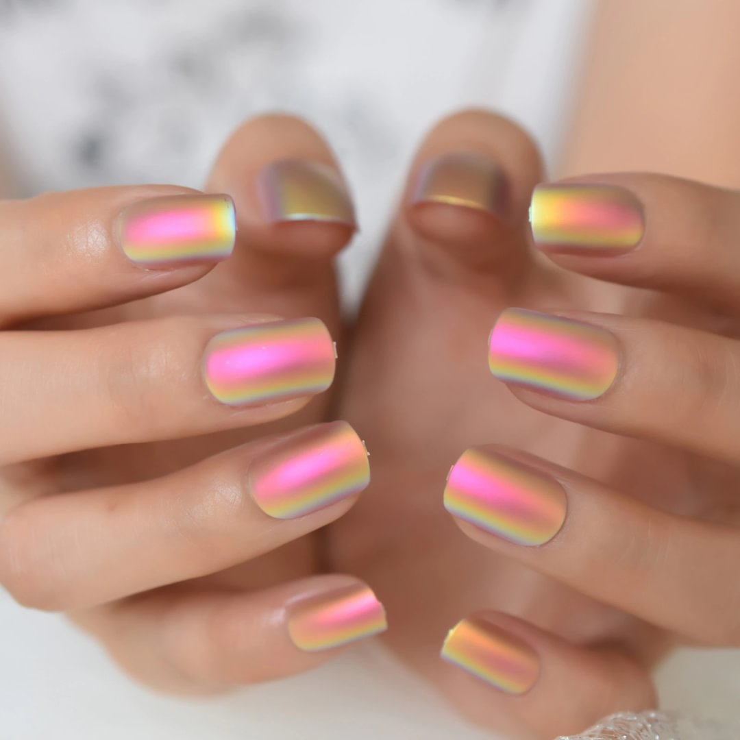 Agreedl Matte Metallic Press On Nails Holographic Pink Gold Shiny Squavol False Fingernails Pure Color Manicure Tips 24