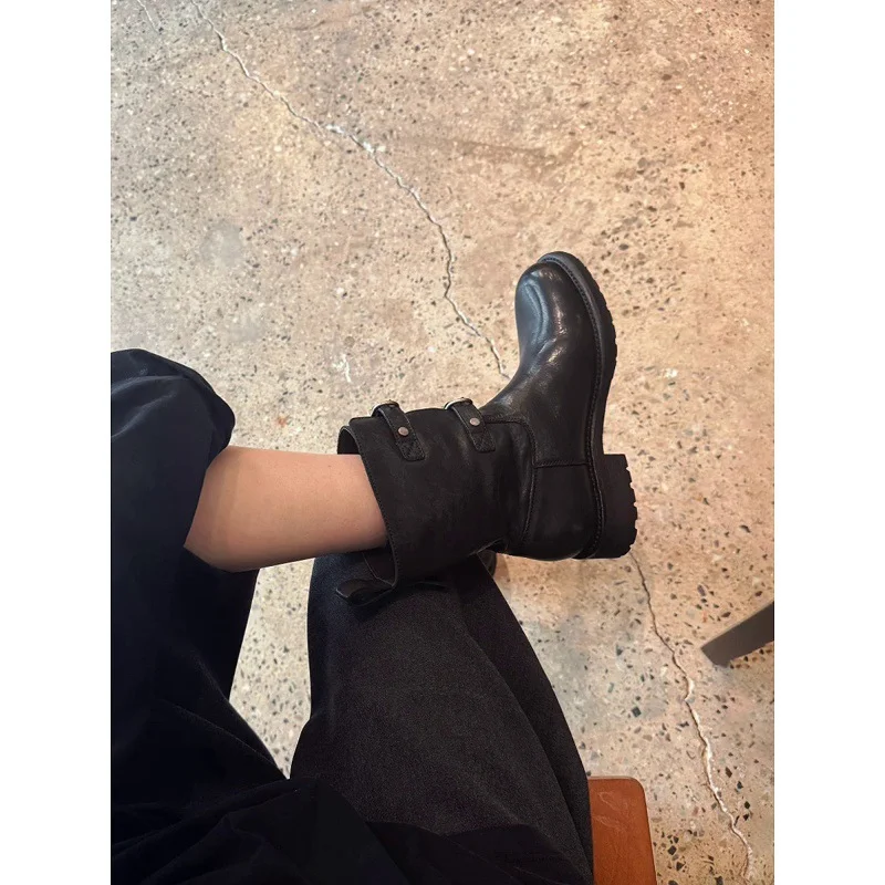 Breakj Breakj Belt Buckle Short Barrel Knight Boots Coarse And Western Cowboy Boots Women Thin Round Head Locomotive Short Boots