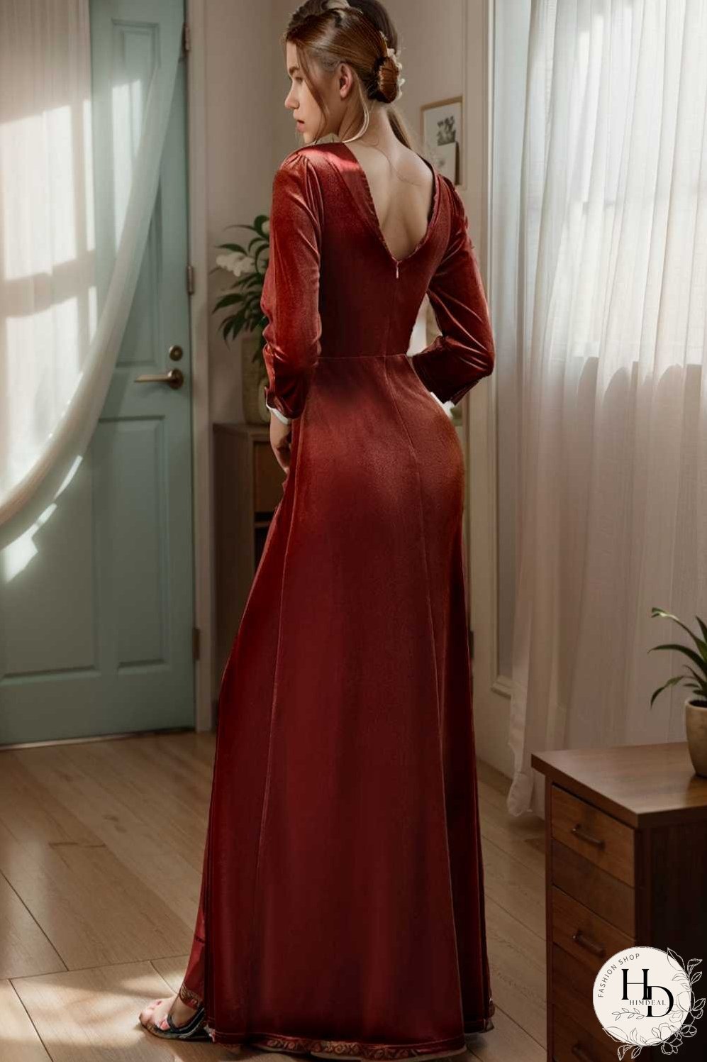 velvet 3 4 length sleeve illusion v neck front slit evening dress
