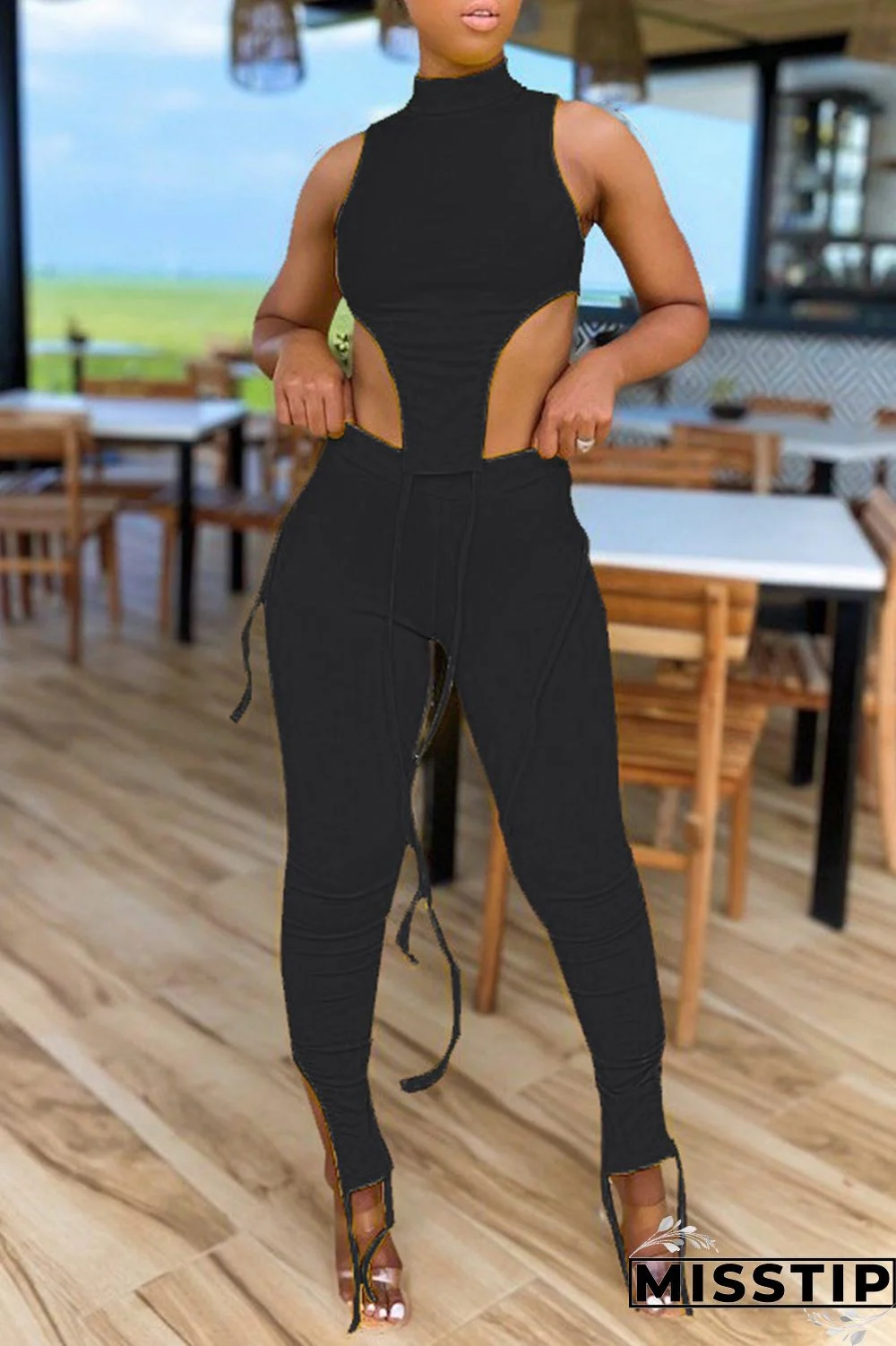 Black Sexy Casual Solid Slit Asymmetrical Turtleneck Sleeveless Two Pieces