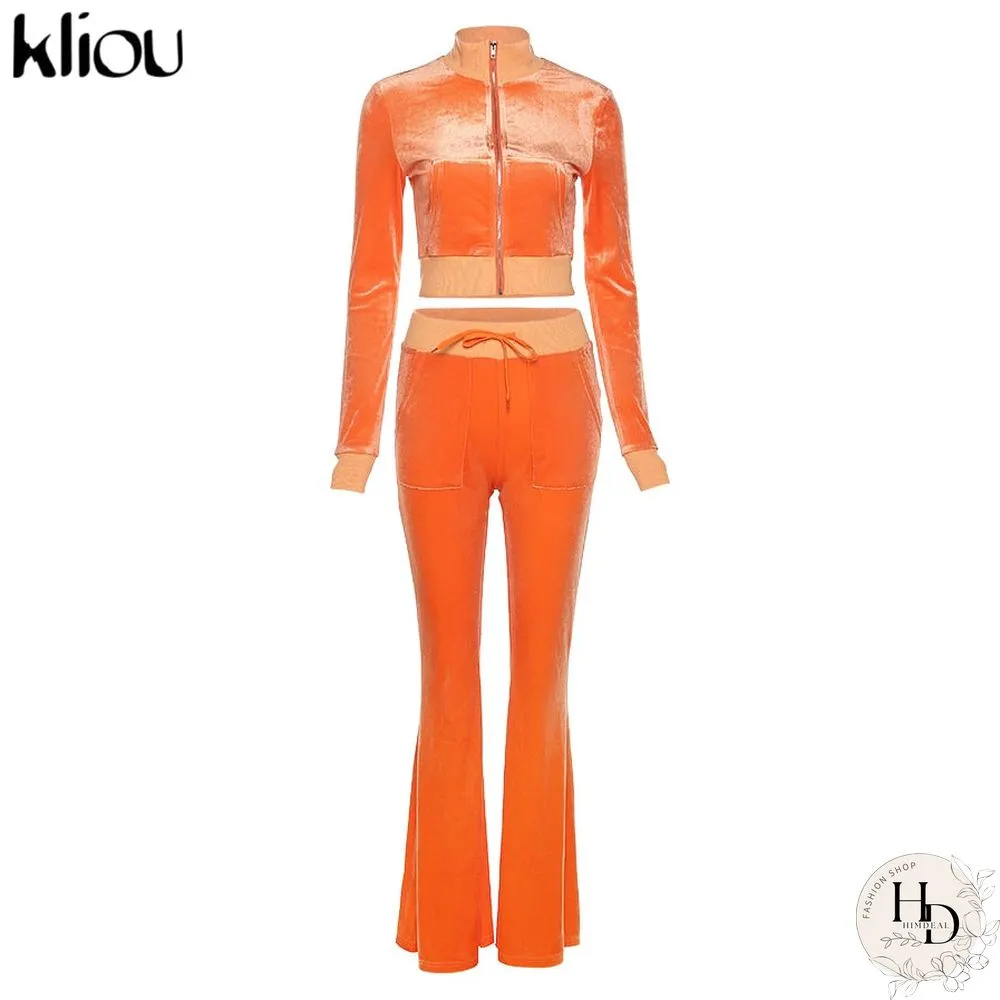 Kliou Solid Velour Two Piece Set Women Simple Casual Zipper Long Sleeve Turtleneck