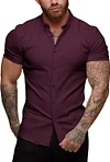 URRU Men's Muscle Dress Shirts Slim Fit Stretch Short Sleeve Casual Button Down Shirts for Men
