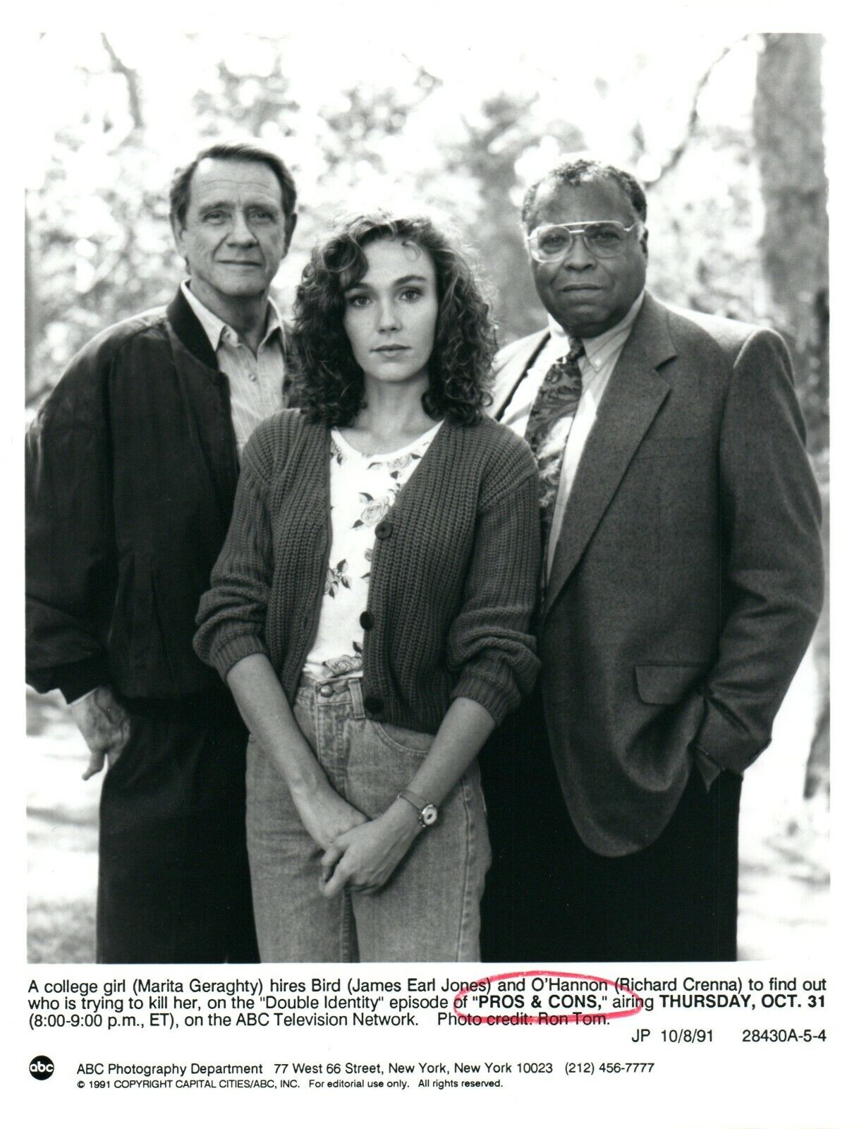 MARITA GERAGHTY JAMES EARL JONES RICHARD CRENNA PROS & CONS 7x9 Promo Photo Poster painting 1991