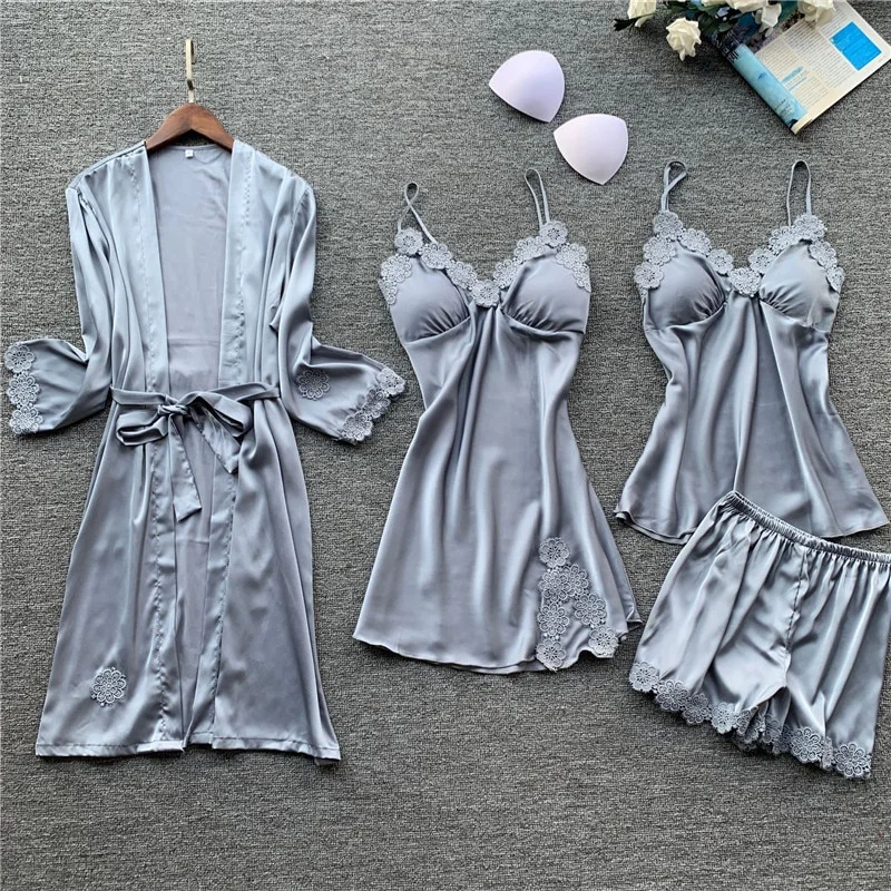Billionm set for women luxury satin sleepwear embroidery flowers home wear 4 pieces pyjamas vest+coat+shorts silk nightwear