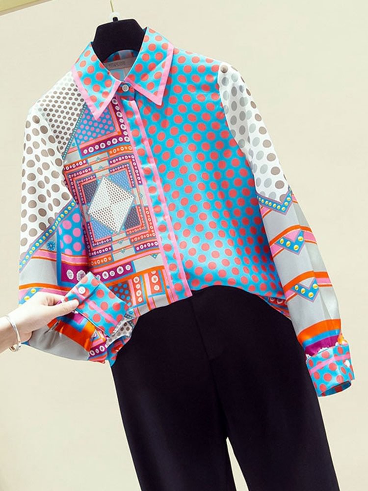 Spring Autumn2022 New Blouse Patchwork Simulation Silk Shirt Female Top Korean Niche Polka Dot Long-Sleeved Blusa GX1438