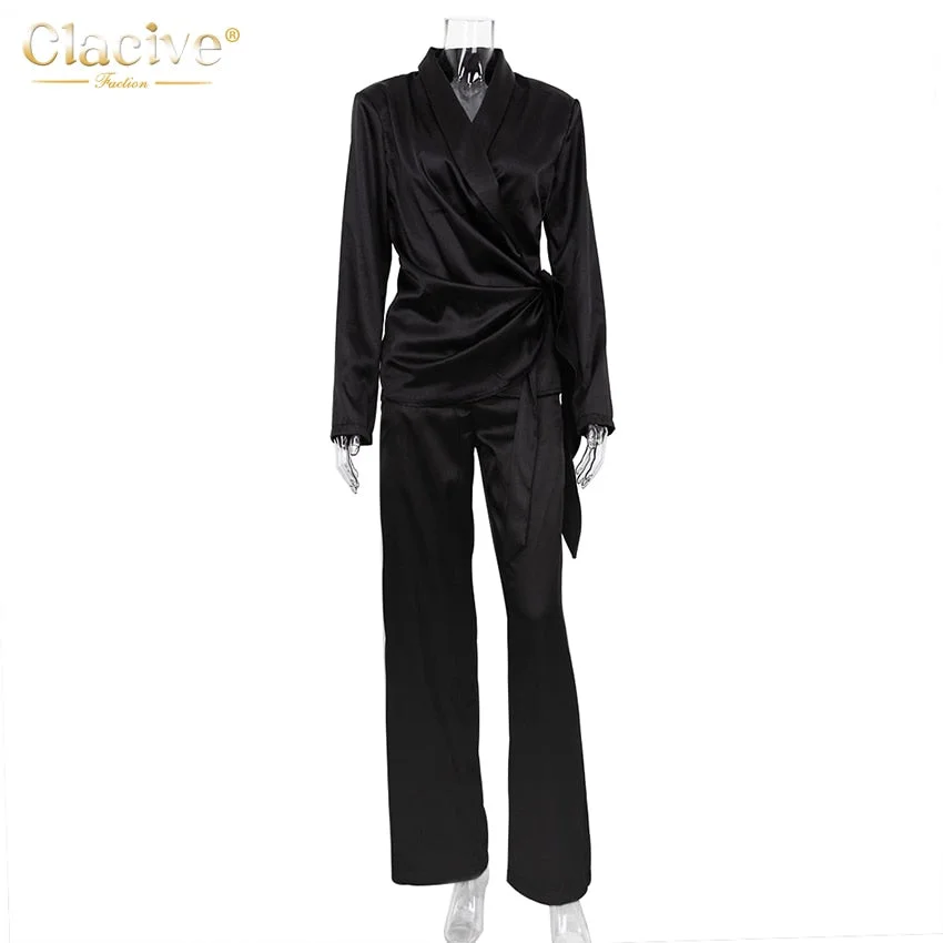 Clacive Balck Casual Satin Women Sets Autumn Long Sleeve Blazers With Wide Leg Pants Set Elegant Lace-Up 2 Piece Trousers Set