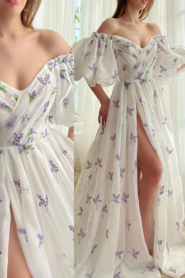 Daisda Elegant White Off the Shoulder Split Long Prom Dress with Embroidered