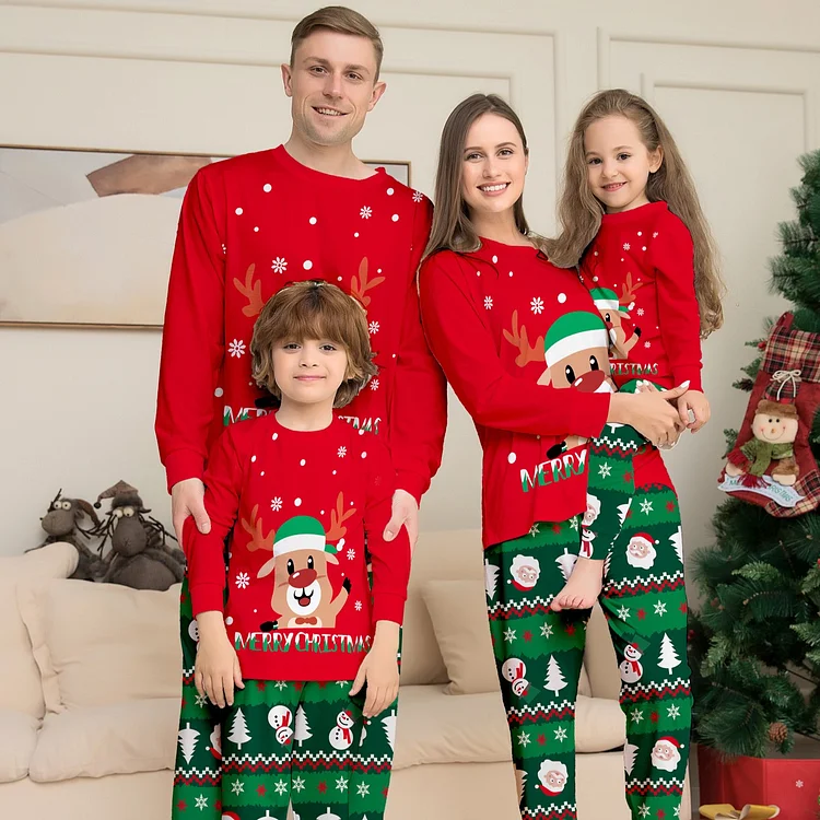 Cute Reindeer Cartoon Print Merry Christmas Family Matching Pajamas Set