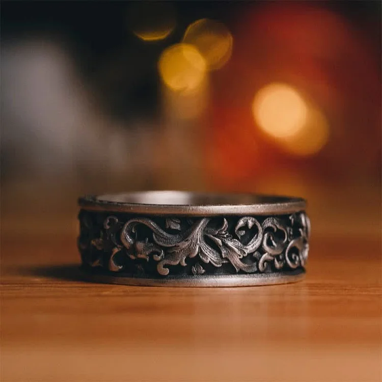 Men's Viking Carved Floral Leaf Ring