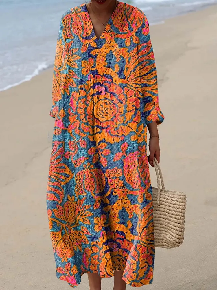 Women's Vintage Floral Art Print Cotton Dress