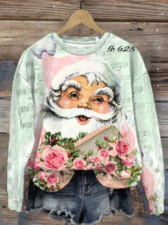 Women'S Vintage Santa Print Long Sleeve Sweatshirt