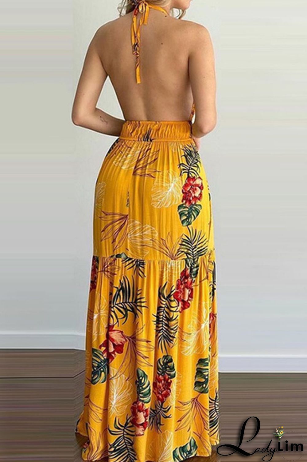 Yellow Sexy Print Split Joint Backless Halter Straight Dresses