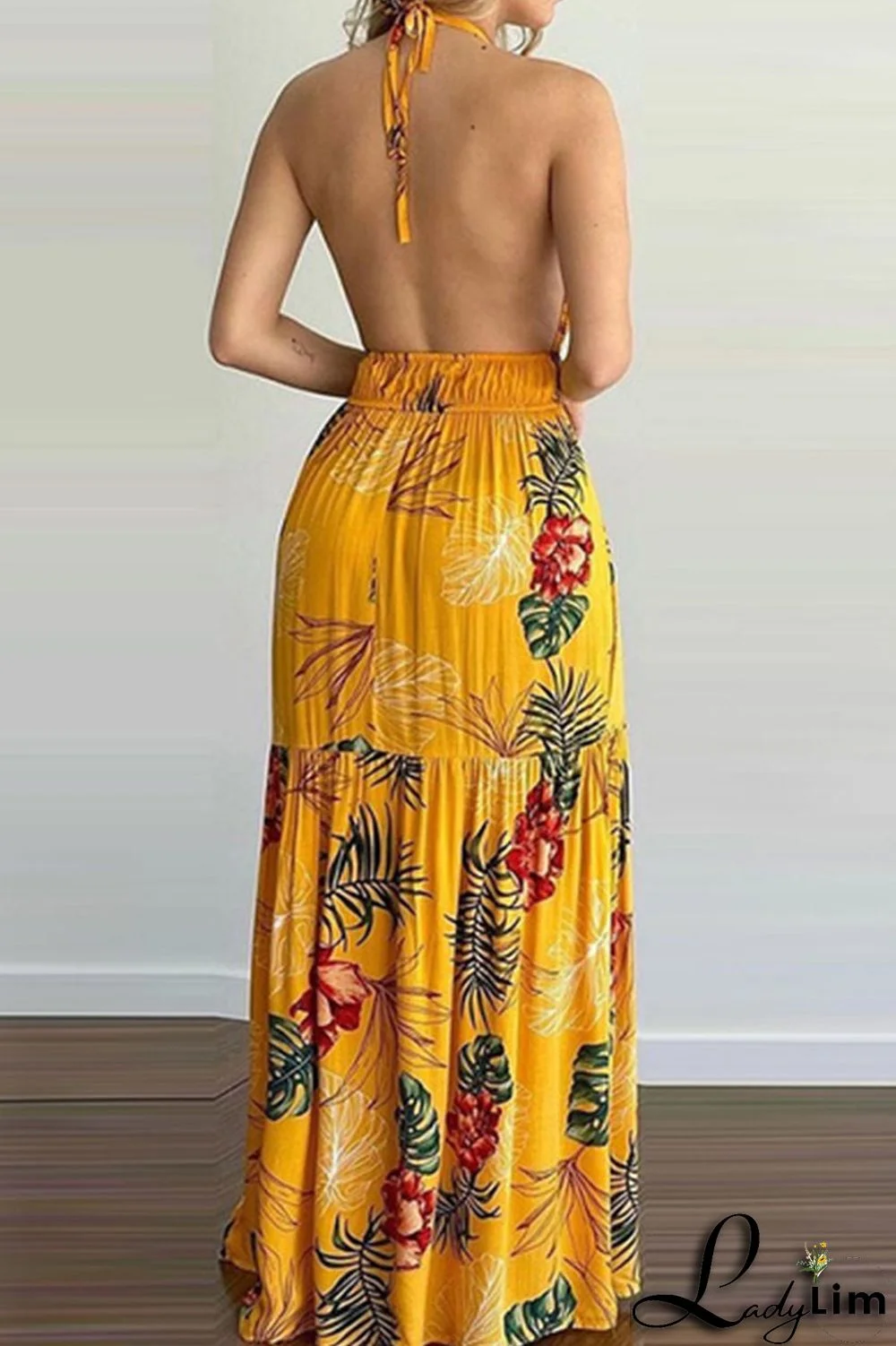 Yellow Sexy Print Split Joint Backless Halter Straight Dresses