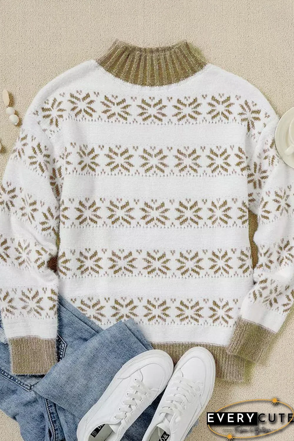 White Christmas Snowflake High Neck Knit Sweater