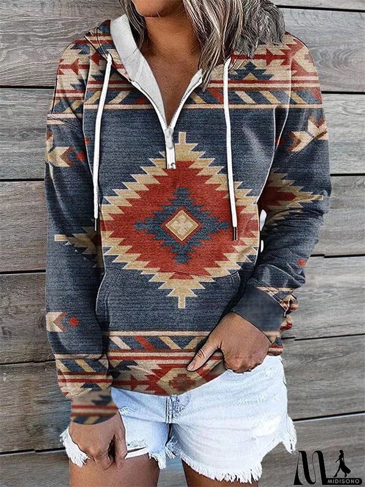 MidiSono - Women's Ethnic Diamond Printed Long Sleeve Pullover Hooded Sweatshirt