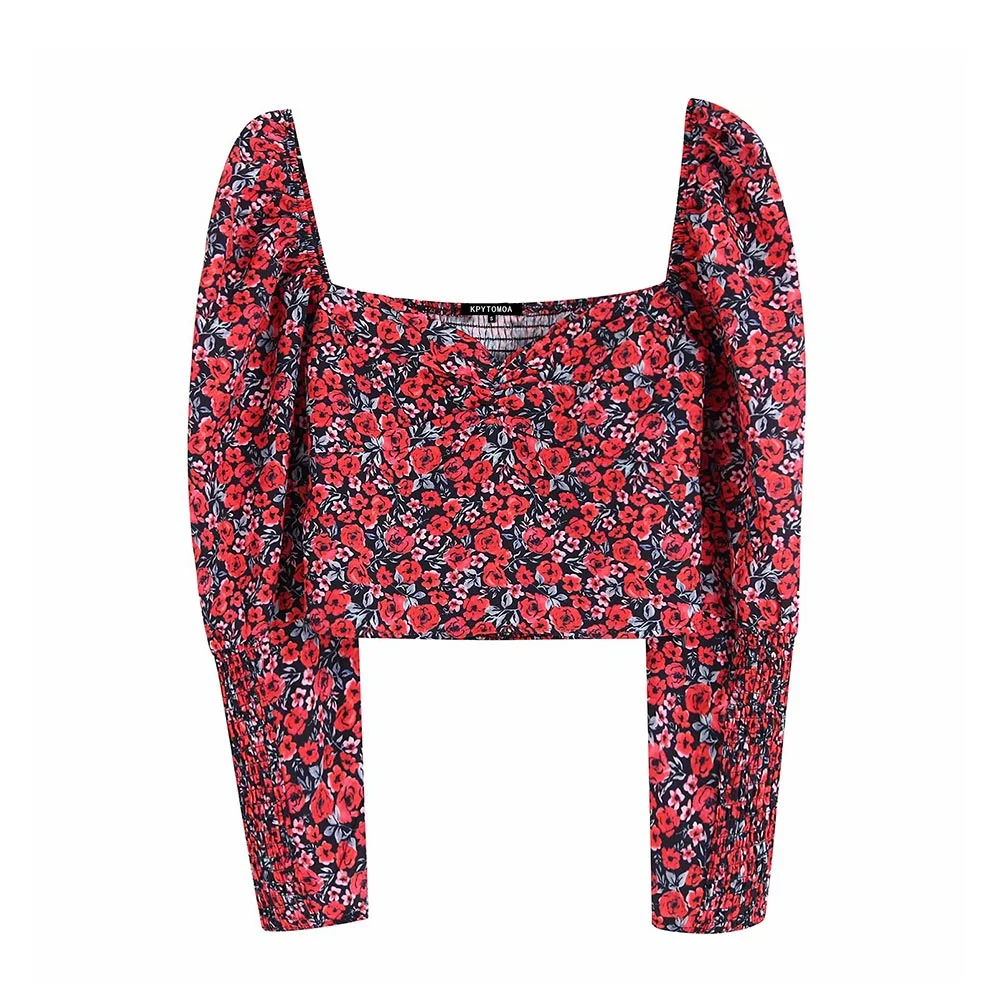 KPYTOMOA Women Fashion Floral Print Cropped Blouses Women Vintage V Neck Long Sleeve Back Elastic Female Shirts Chic Tops