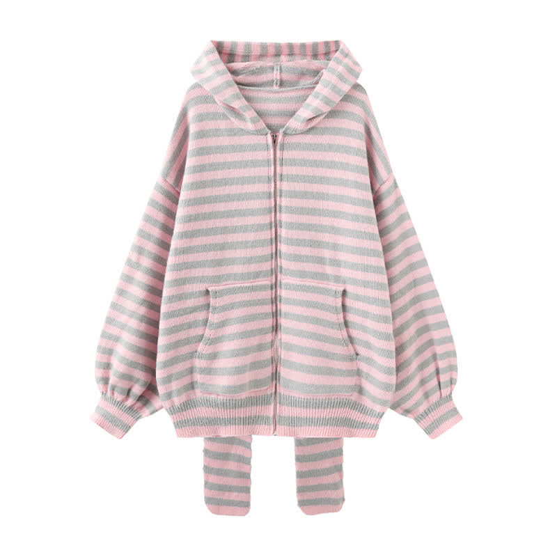 Long Bunny Ears Pocket Oversize Zipper Hooded Sweatshirt