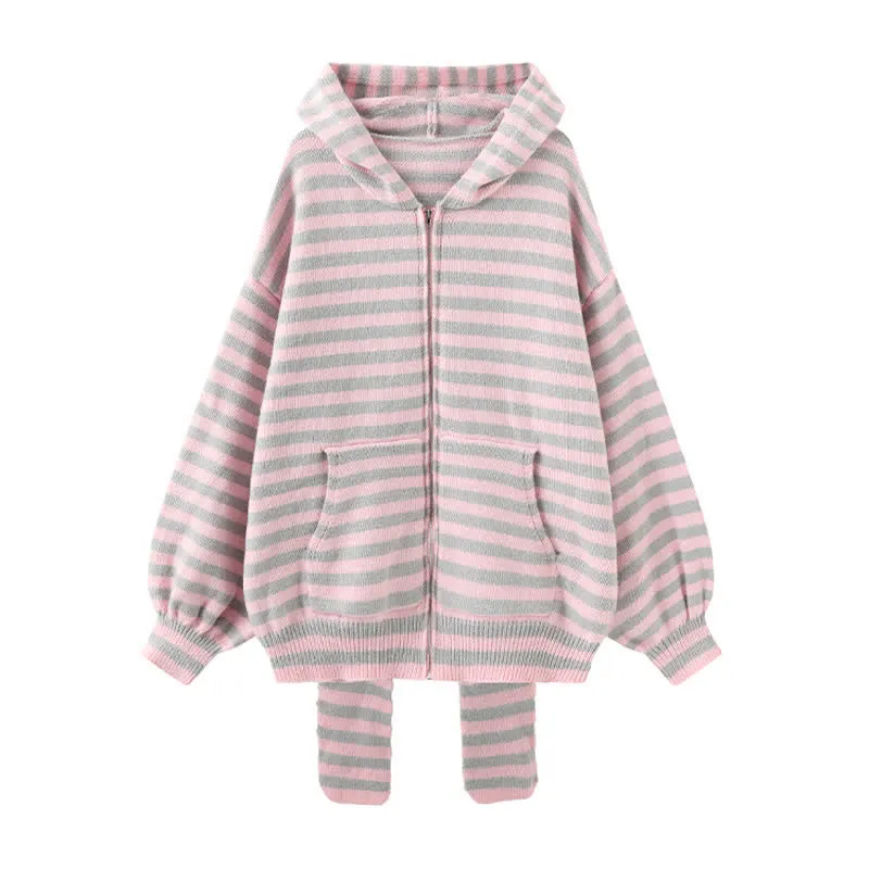 Long Bunny Ears Pocket Oversize Zipper Hooded Sweatshirt