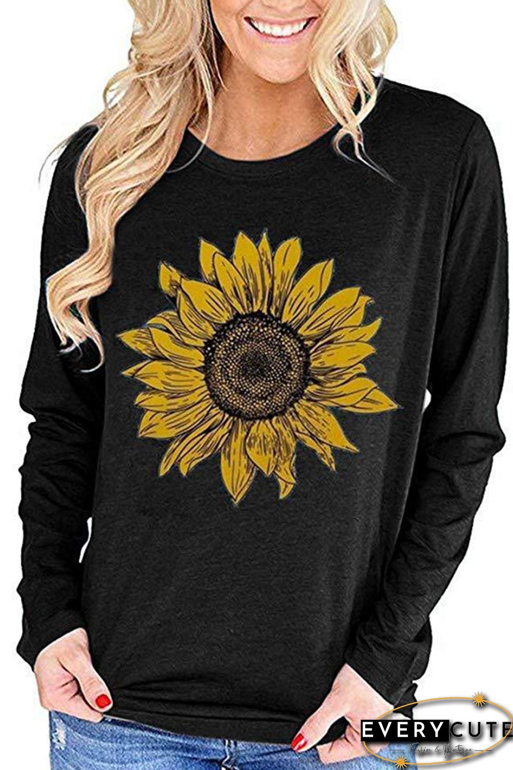 Sunflower Print Black Knit Top