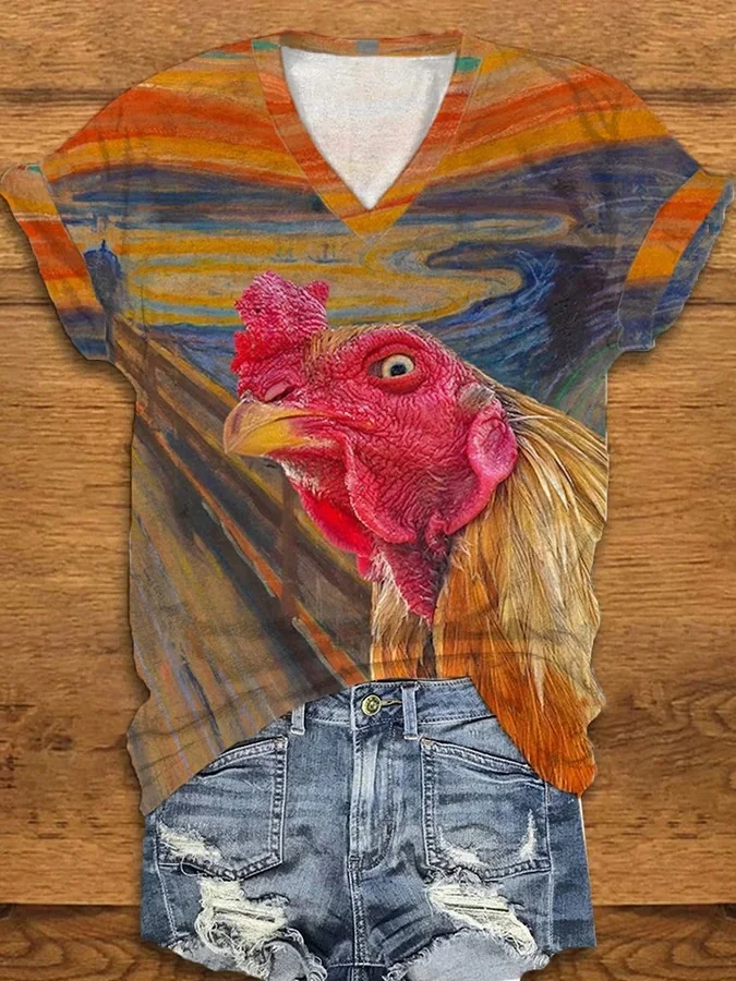 Women's Oil Painting Funny Rooster Print Casual V-Neck Tee
