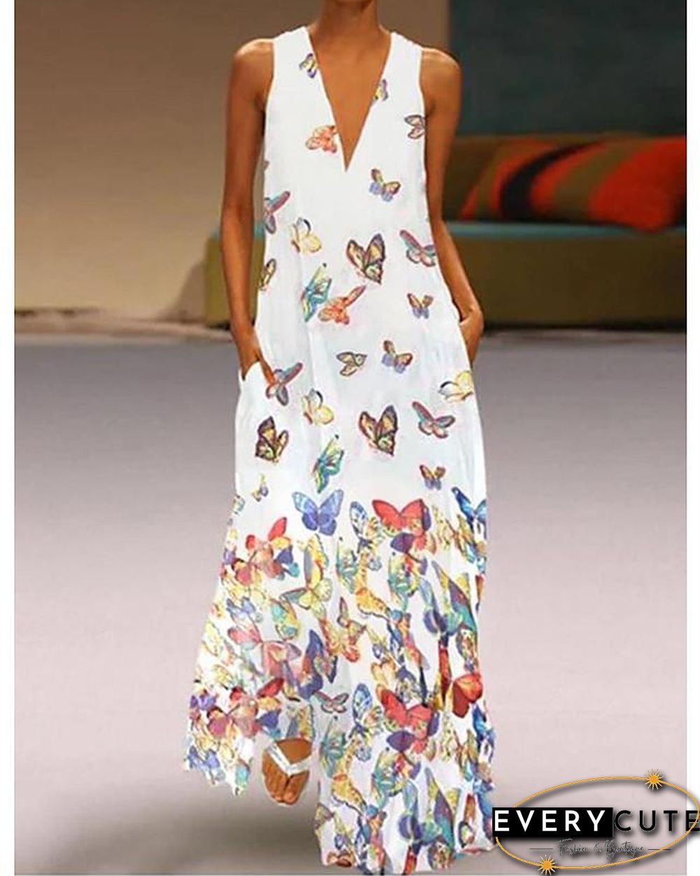 Women's A-Line Dress Maxi long Dress - Sleeveless Butterfly Animal Print Summer Deep V Plus Size Hot Casual Beach  White Purple Yellow Blushing Pink Light Blue S M L XL XXL 3XL 4XL 5XL White Dresses