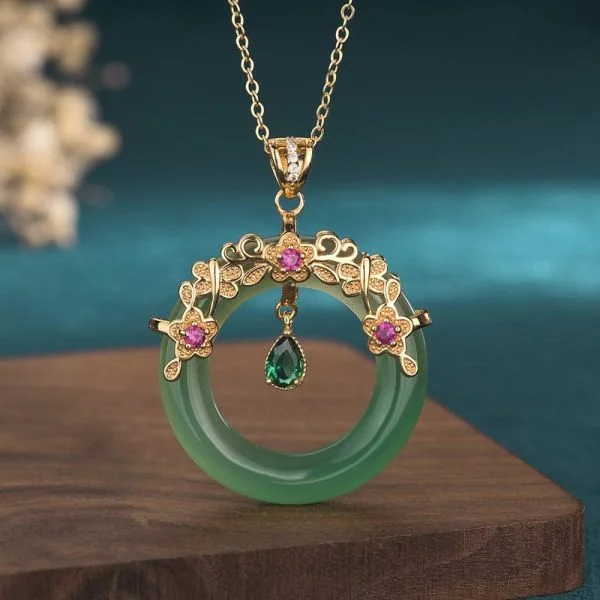 Natural Round Cyan Jade Healing Pendant Necklace