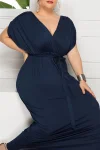 Plus Size Elegant Lace Up Solid Deep V Neck Maxi Dress